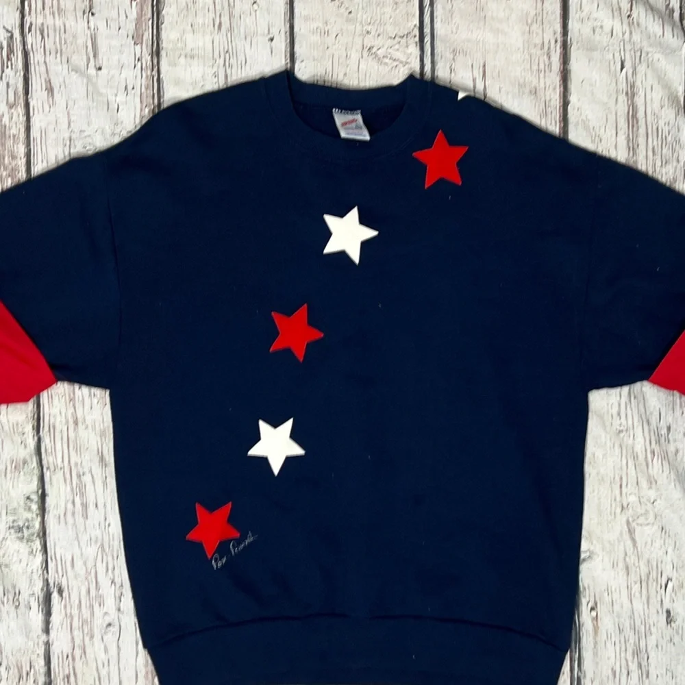 Vintage Stars America Blue Crewneck Short Sleeve 1980s Women's Sweatshirt - Picture 2 of 4